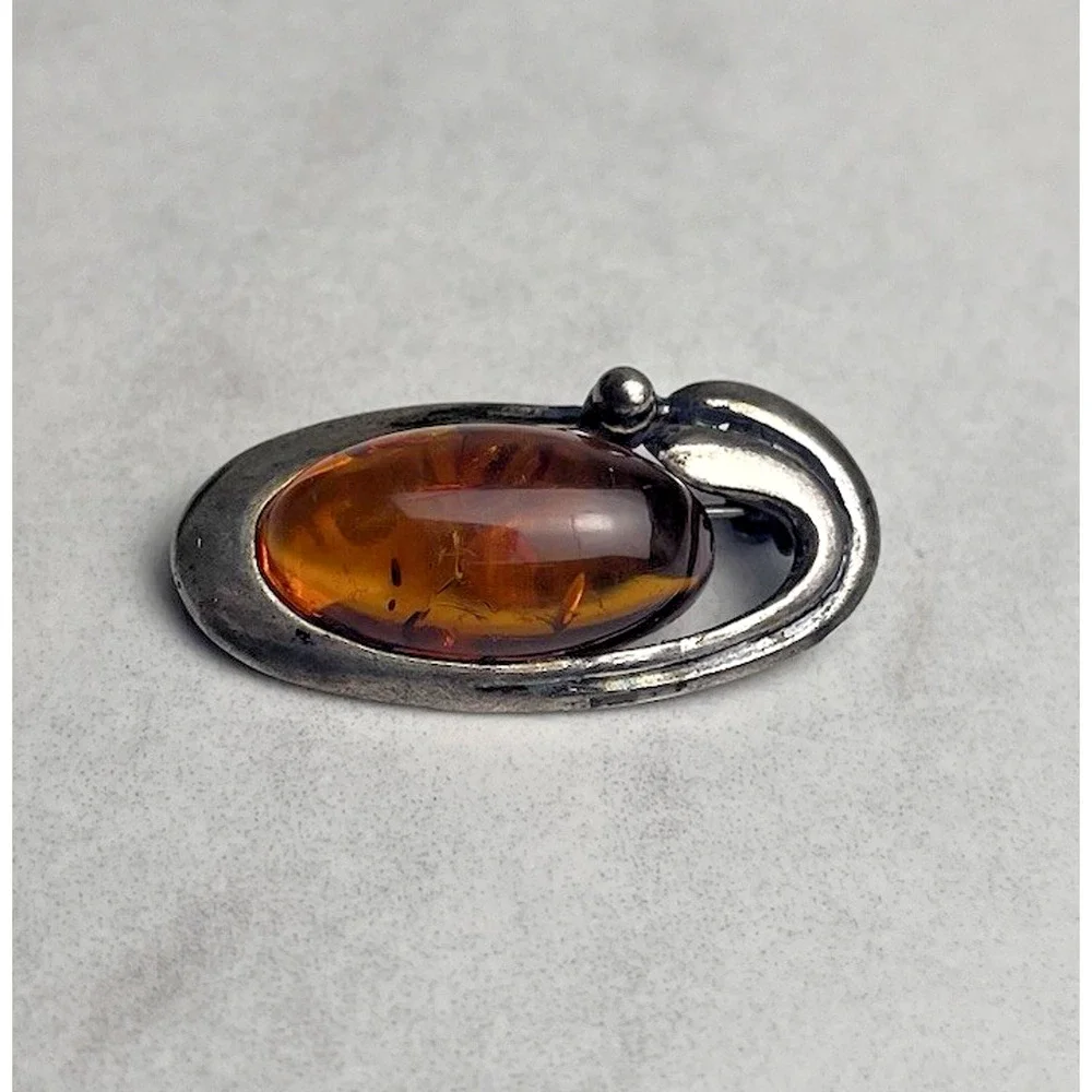Vintage Genuine Amber Sterling Silver 925 Oval Brooch Pin Classic Estate Jewelry